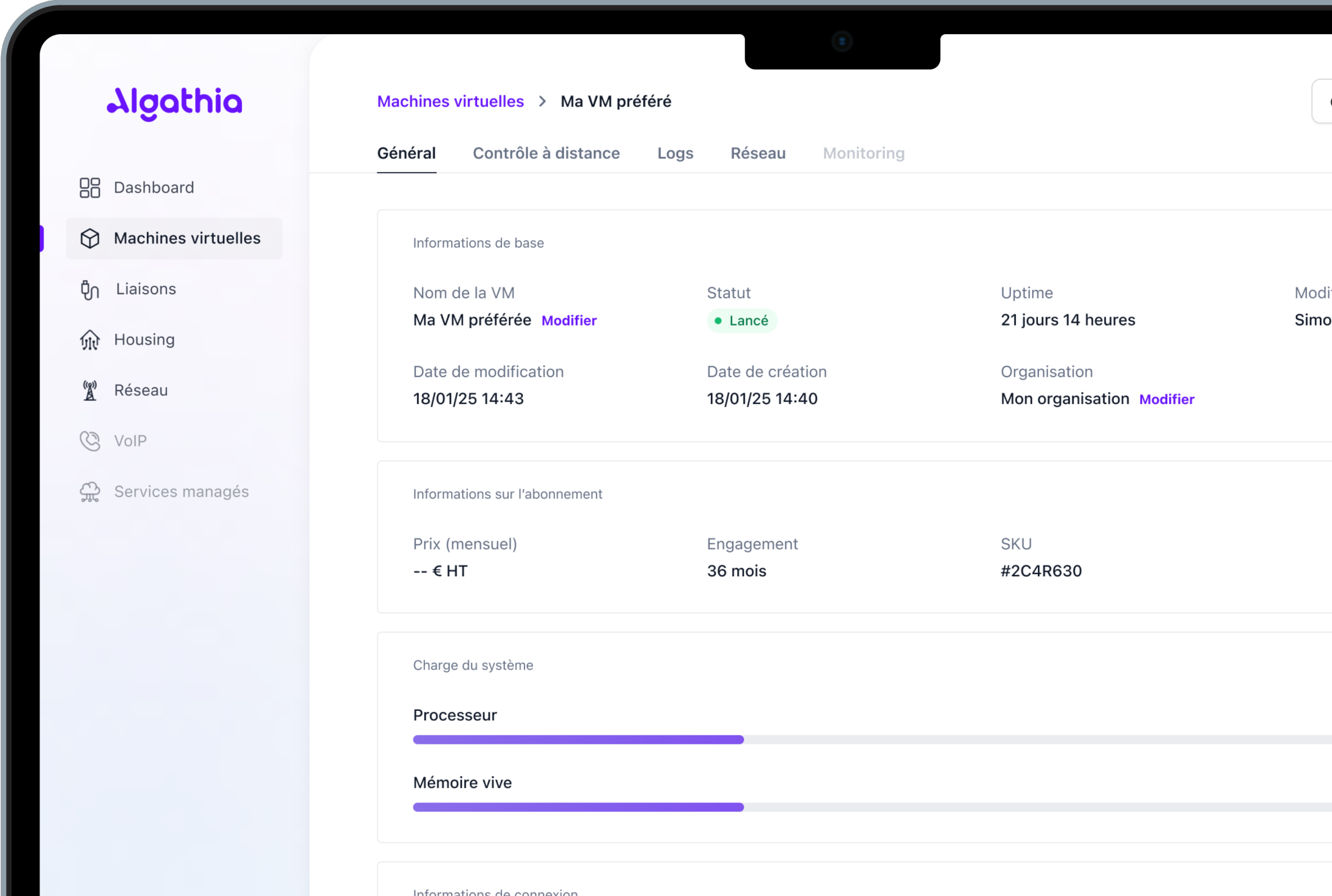 Interface du portail client Algathia